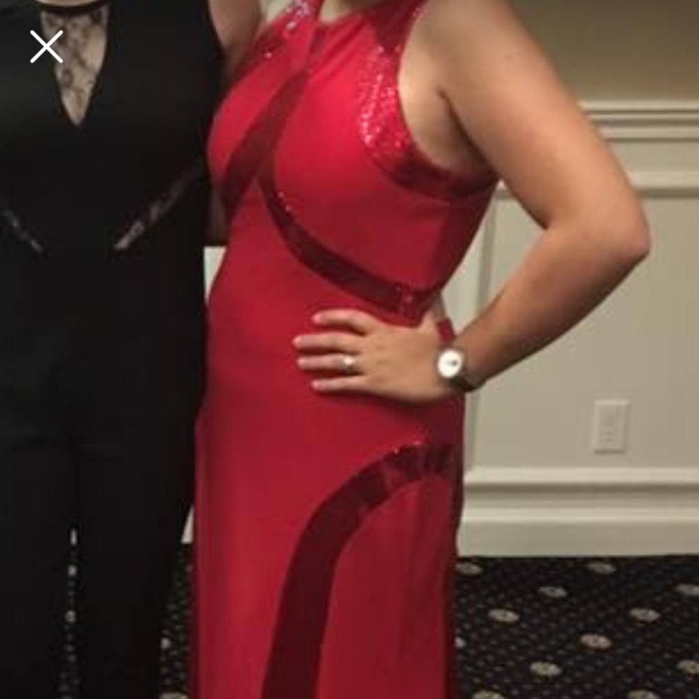 Red formal prom dress open back